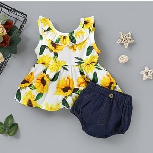 2 piece Sunflower print Top and Denim Short